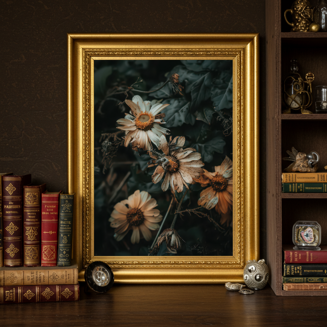 Decaying Daisies Wall Art Print – Moody Botanical Fine Art, Dark Folklore Aesthetic