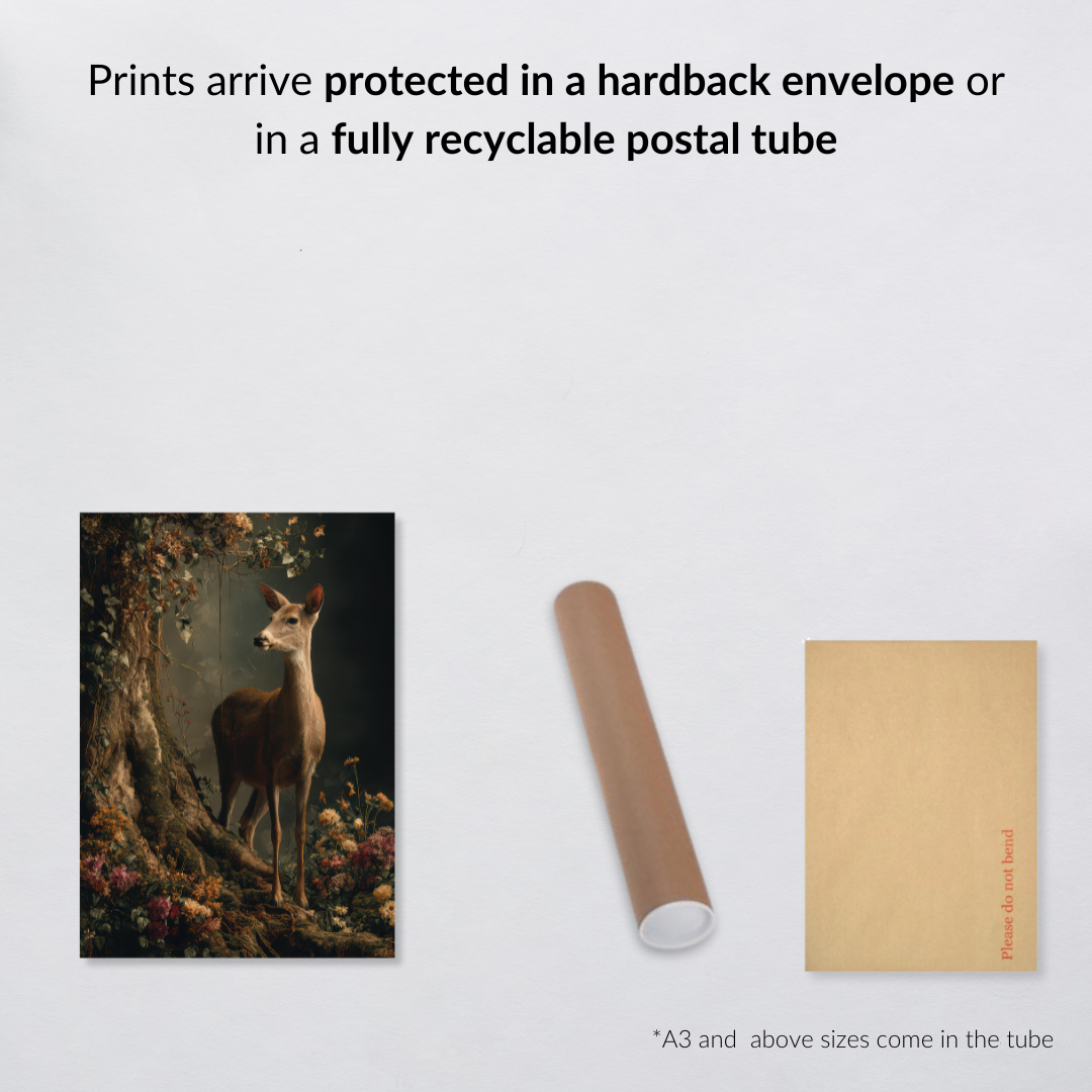 Doe in the Forest Art Print – Enchanted Woodland Wall Decor in Moody Jewel Tones