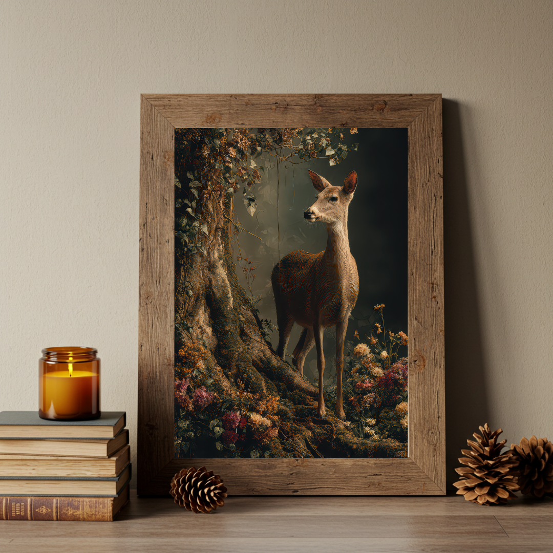 Doe in the Forest Art Print – Enchanted Woodland Wall Decor in Moody Jewel Tones