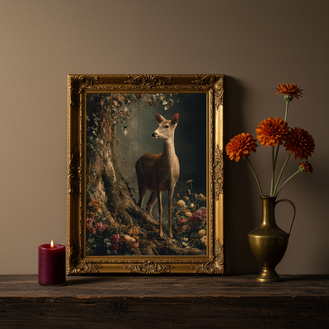 Doe in the Forest Art Print – Enchanted Woodland Wall Decor in Moody Jewel Tones