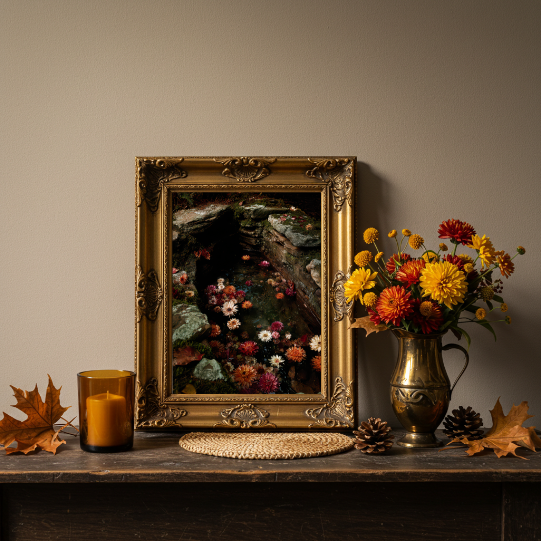 Sacred Well Floral Art Print – Folklore Inspired Water & Flower Wall Decor