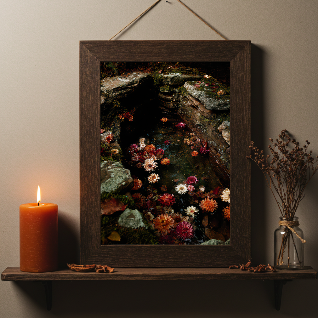 Sacred Well Floral Art Print – Folklore Inspired Water & Flower Wall Decor