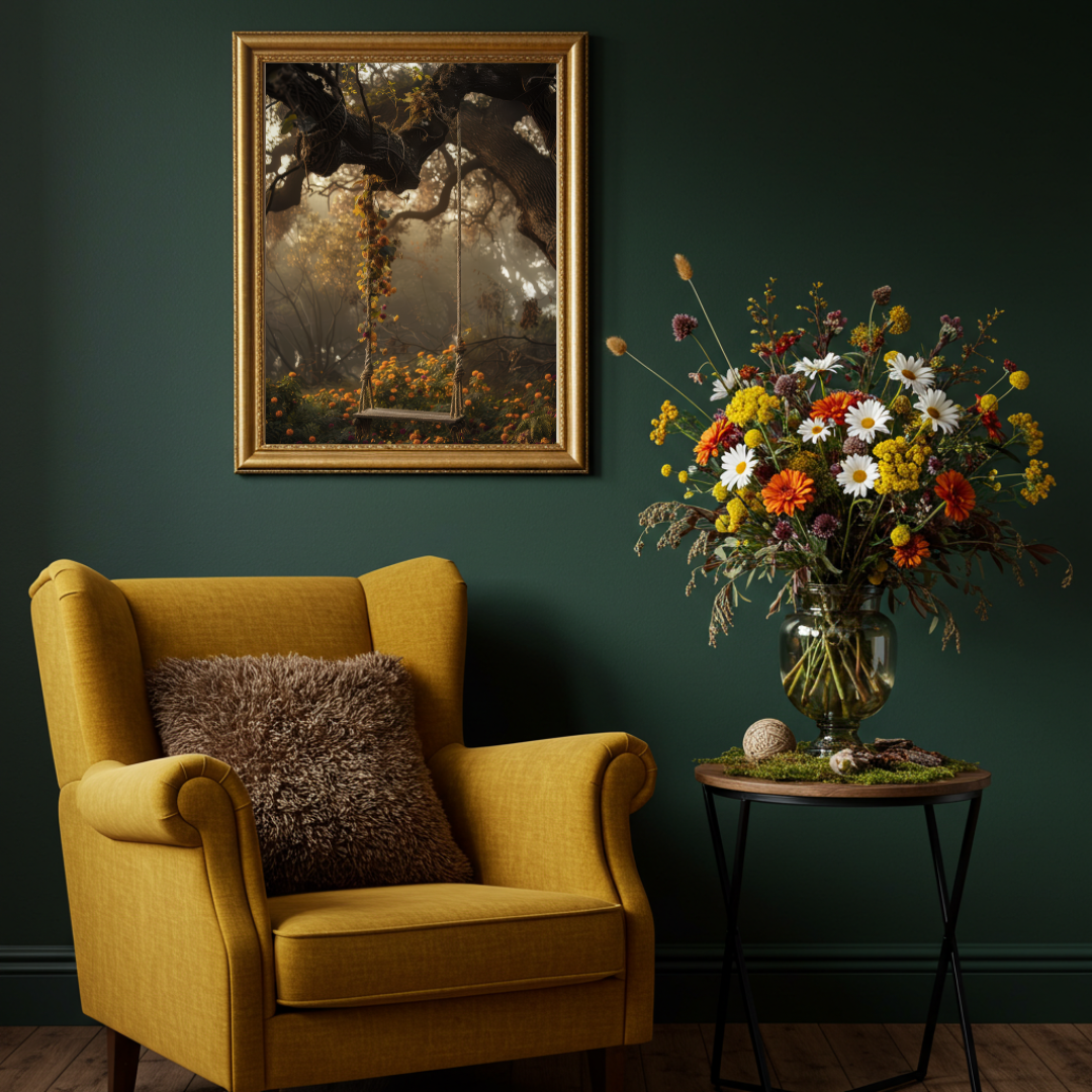 Floral Swing in the Woods Art Print – Enchanted Woodland Folklore Wall Decor