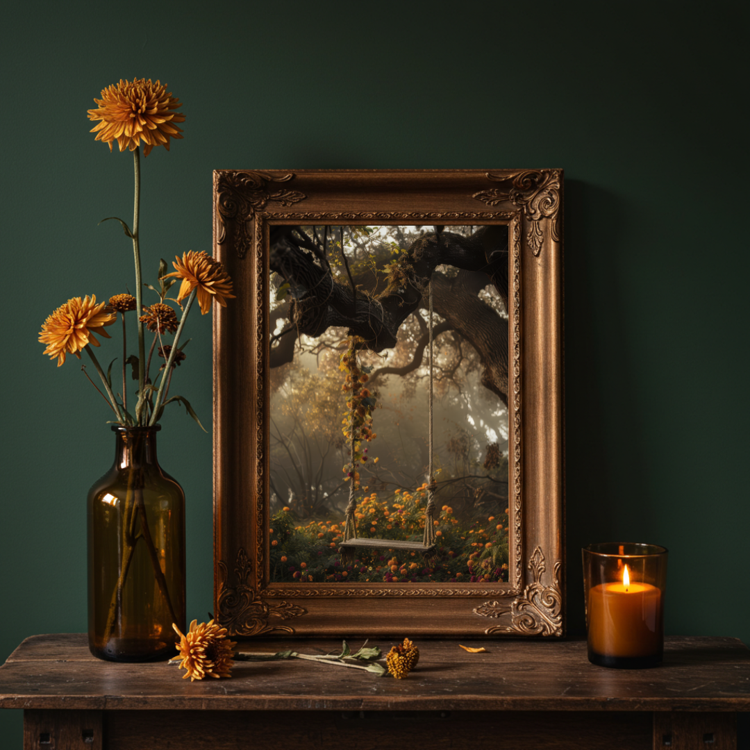Floral Swing in the Woods Art Print – Enchanted Woodland Folklore Wall Decor