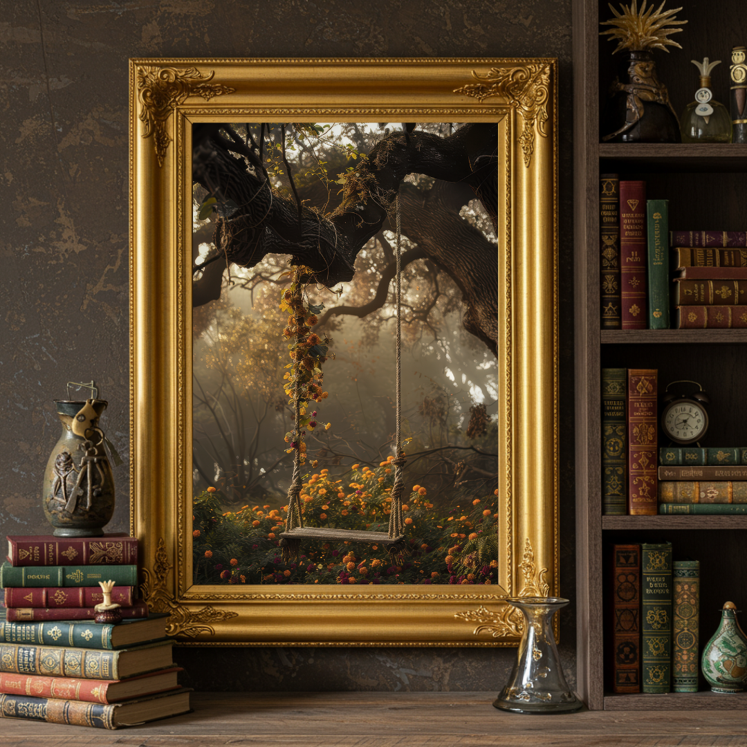 Floral Swing in the Woods Art Print – Enchanted Woodland Folklore Wall Decor