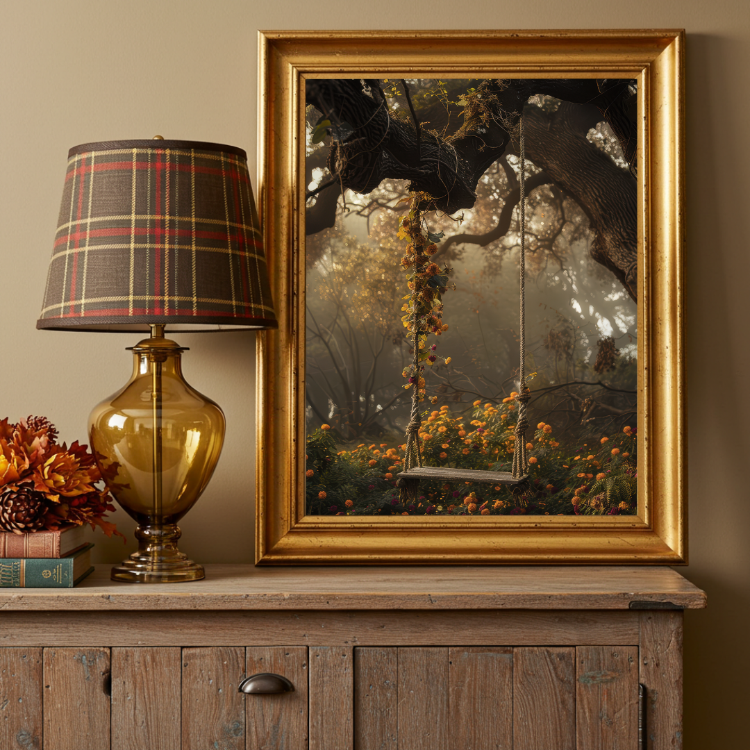 Floral Swing in the Woods Art Print – Enchanted Woodland Folklore Wall Decor