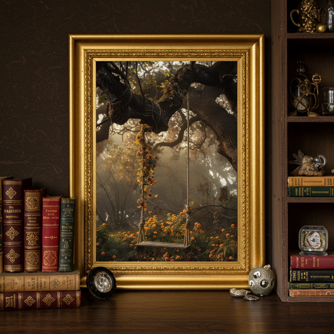 Floral Swing in the Woods Art Print – Enchanted Woodland Folklore Wall Decor