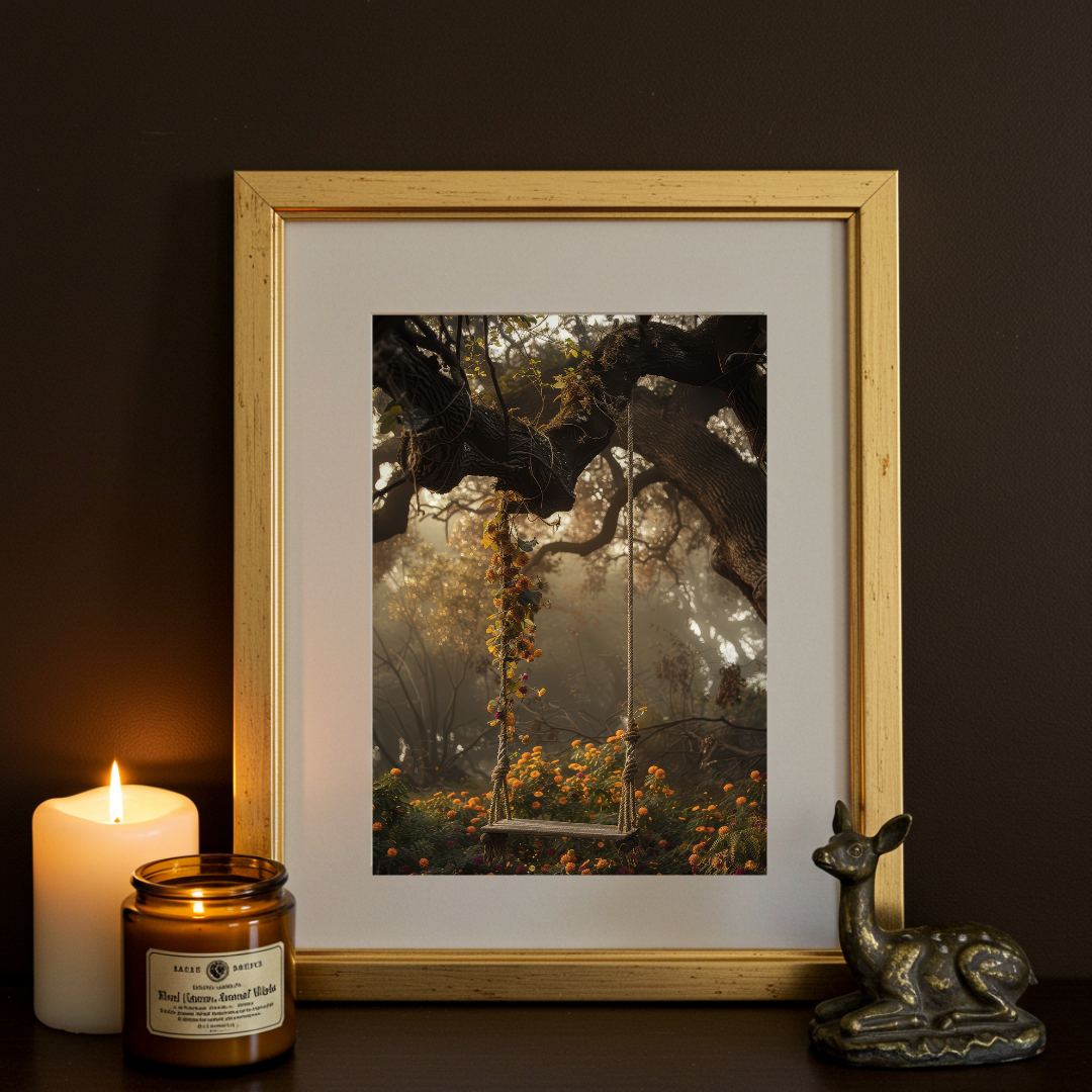 Floral Swing in the Woods Art Print – Enchanted Woodland Folklore Wall Decor