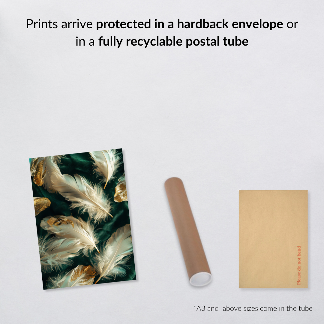 White & Gold Feather Wall Art Print on Emerald Green Background