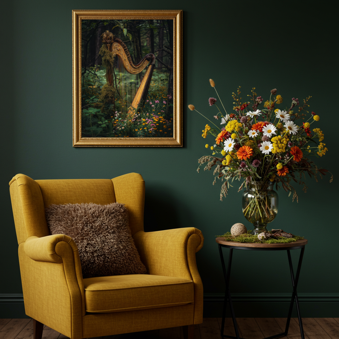 Enchanted Woodland Harp Art Print – Celtic Folklore Inspired Wall Decor