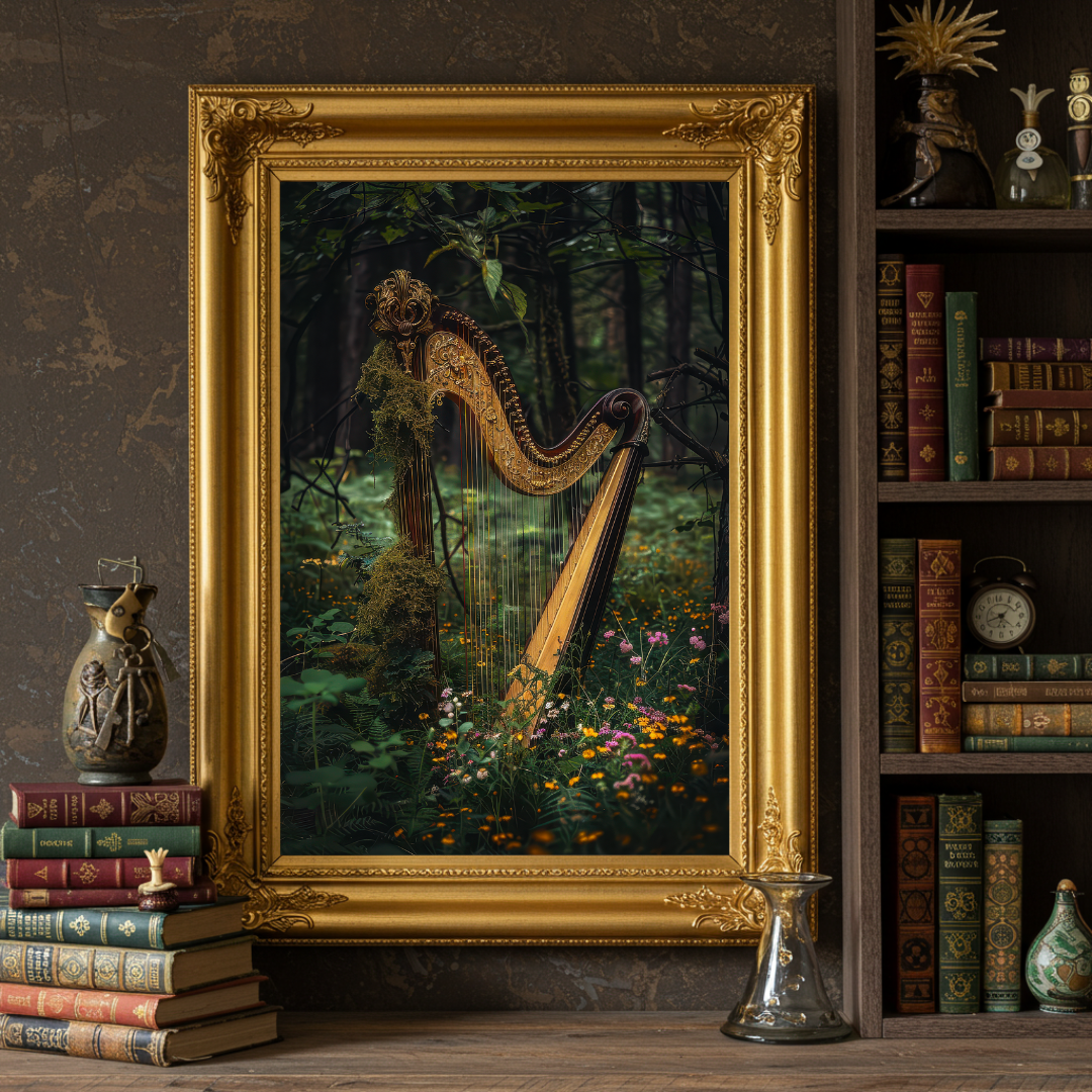 Enchanted Woodland Harp Art Print – Celtic Folklore Inspired Wall Decor