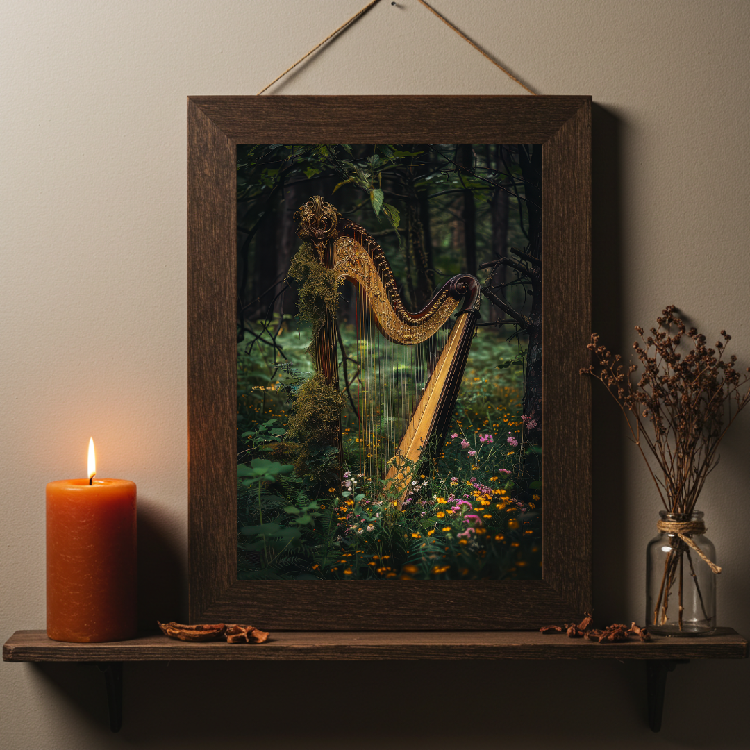 Enchanted Woodland Harp Art Print – Celtic Folklore Inspired Wall Decor