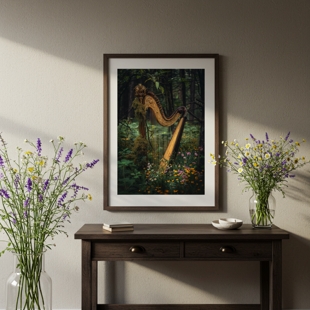 Enchanted Woodland Harp Art Print – Celtic Folklore Inspired Wall Decor