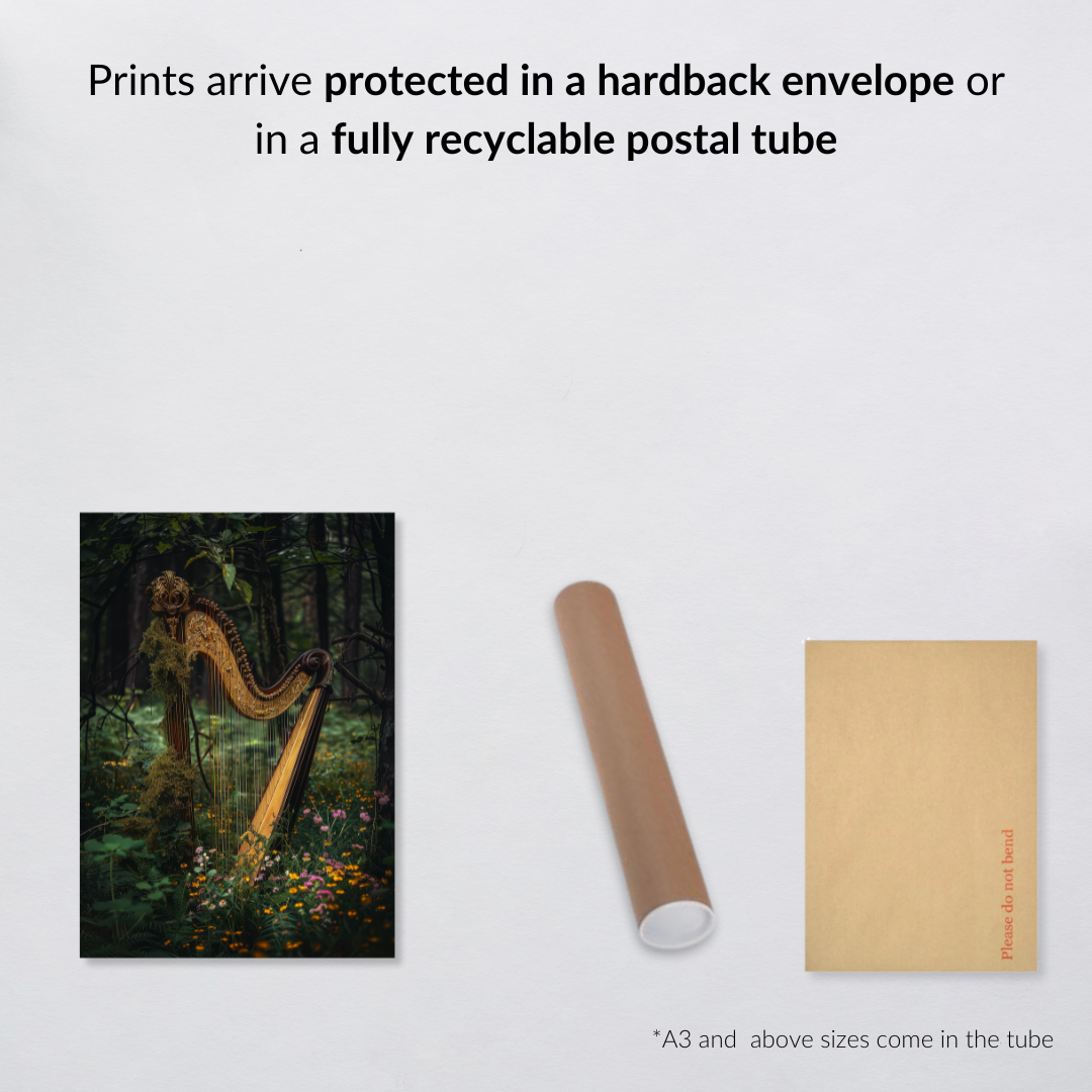 Enchanted Woodland Harp Art Print – Celtic Folklore Inspired Wall Decor
