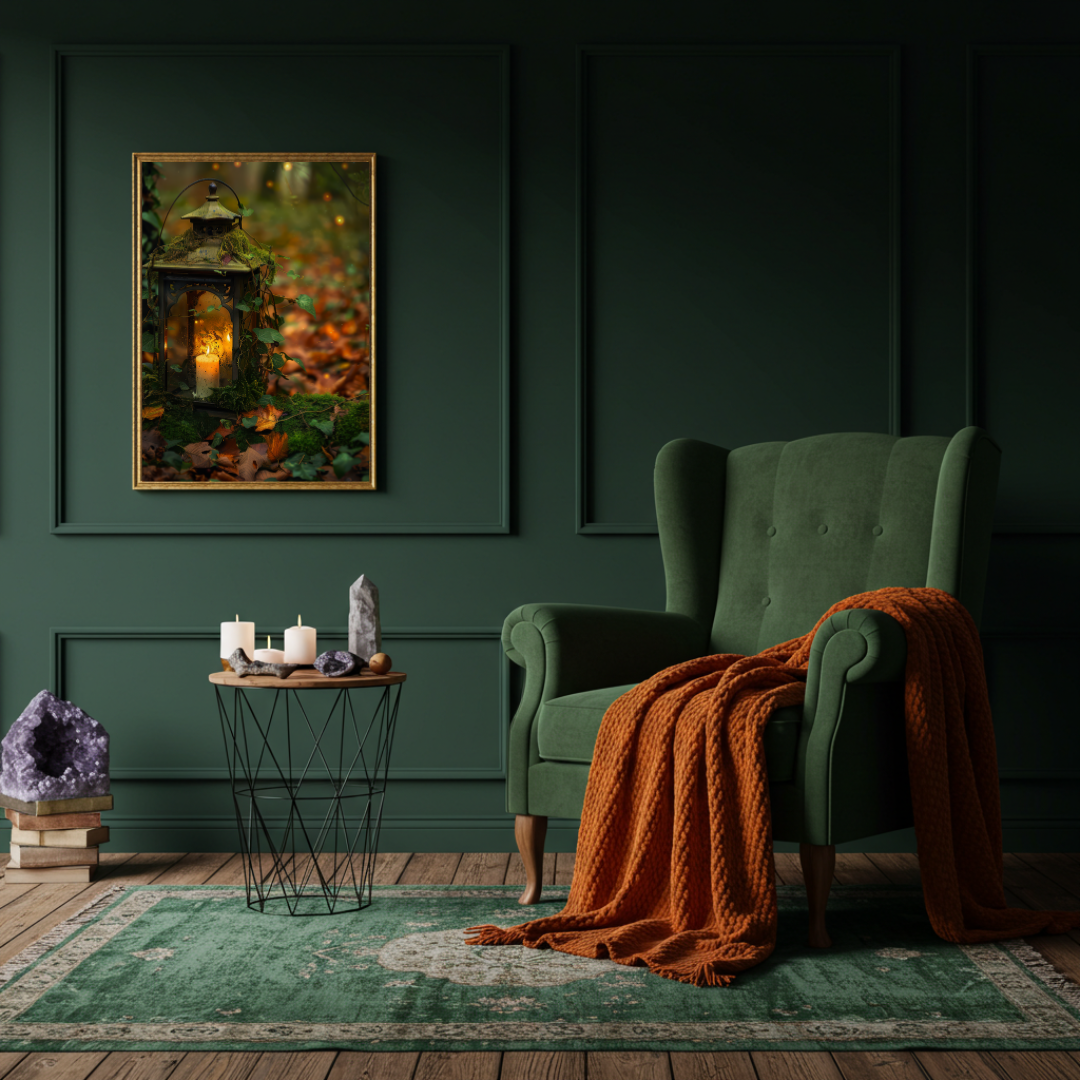 Lantern in the Forest Wall Art Print – Enchanted Woodland Autumn Decor