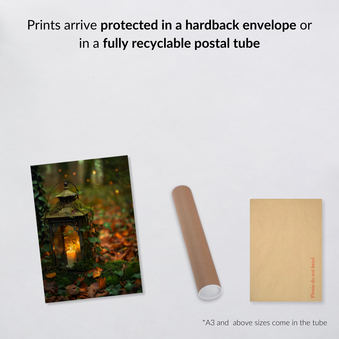 Lantern in the Forest Wall Art Print – Enchanted Woodland Autumn Decor