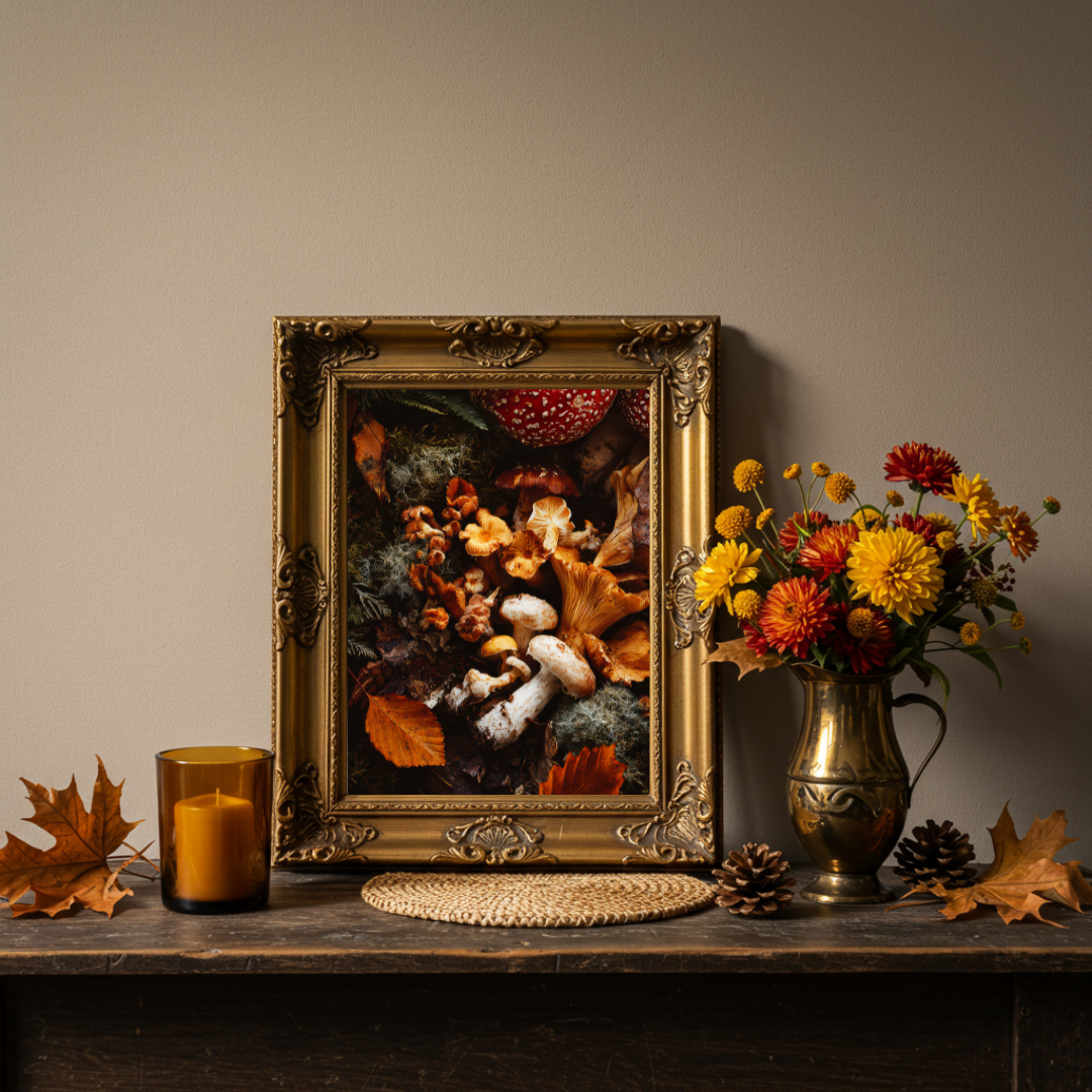 Woodland Mushroom Art Print – Enchanted Forest Fungi Wall Decor in Autumn Tones
