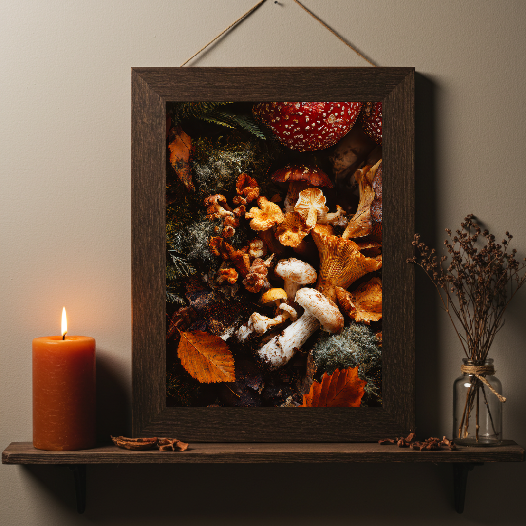 Woodland Mushroom Art Print – Enchanted Forest Fungi Wall Decor in Autumn Tones