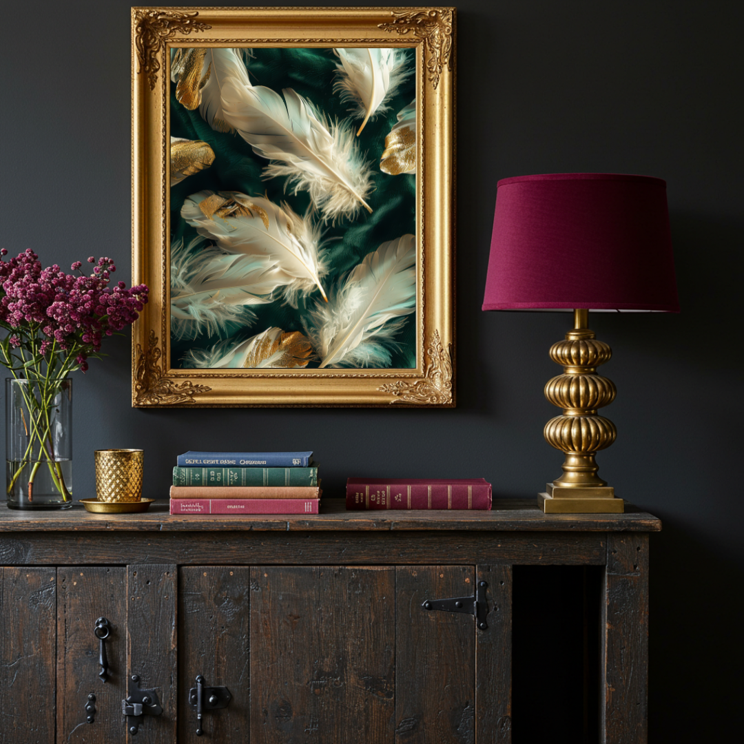 White & Gold Feather Wall Art Print on Emerald Green Background