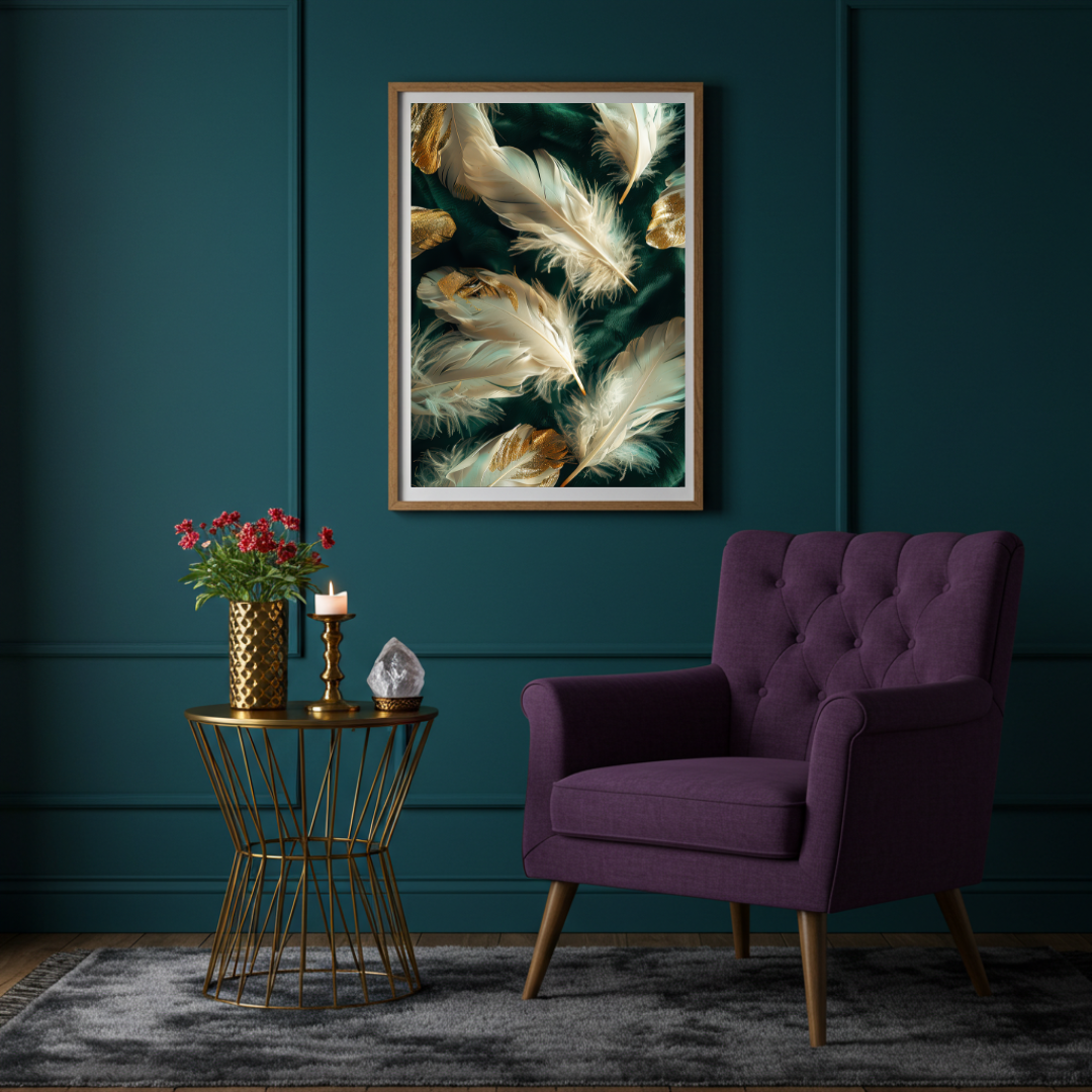 White & Gold Feather Wall Art Print on Emerald Green Background