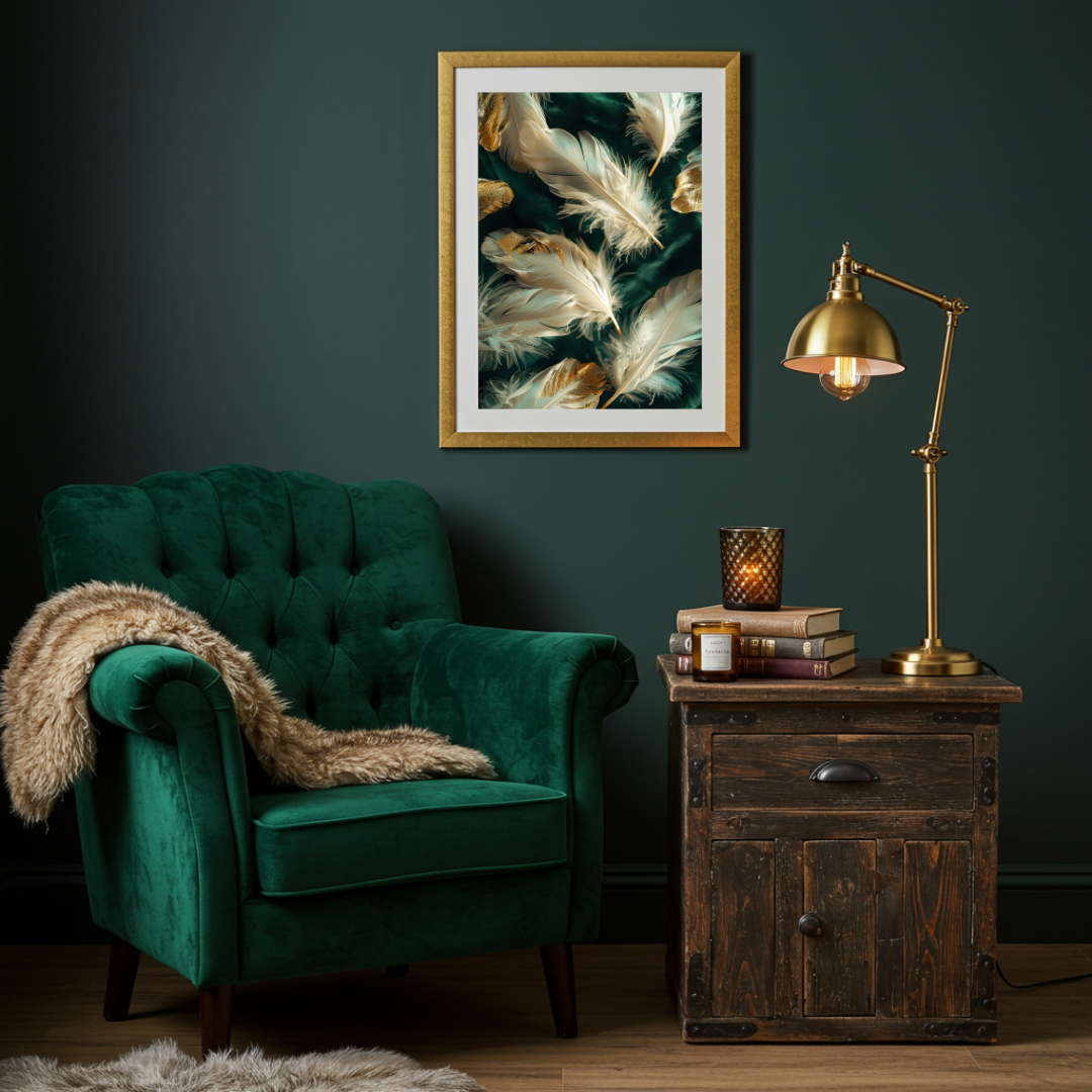 White & Gold Feather Wall Art Print on Emerald Green Background