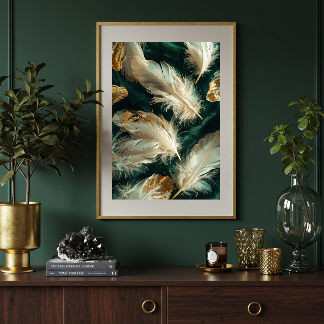 White & Gold Feather Wall Art Print on Emerald Green Background