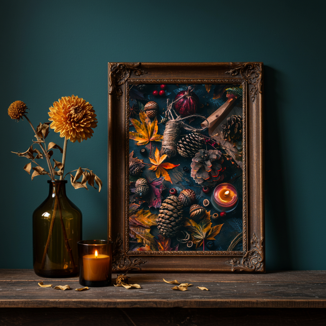 Autumn Ritual Flatlay Art Print – Seasonal Folklore Inspired Wall Decor