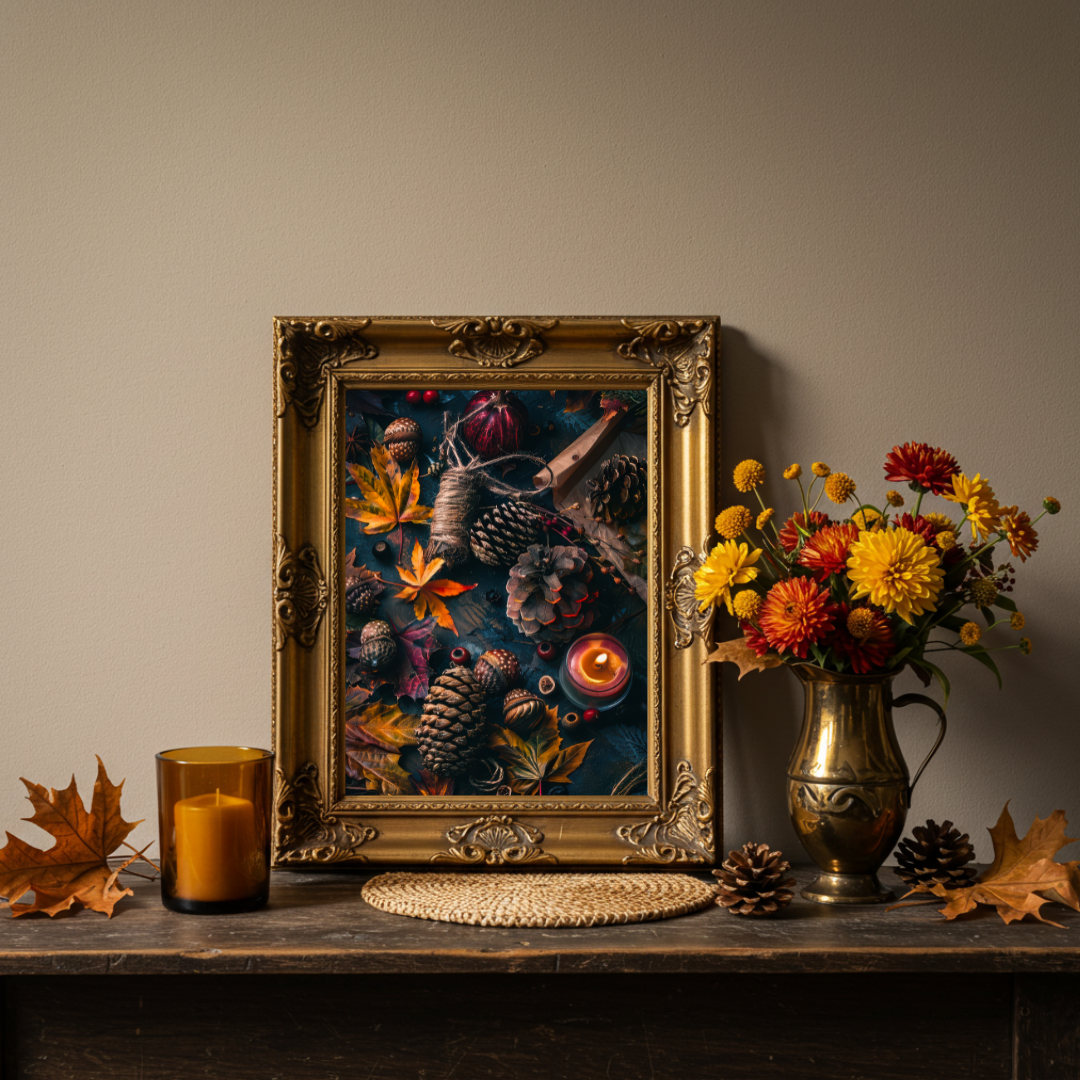 Autumn Ritual Flatlay Art Print – Seasonal Folklore Inspired Wall Decor