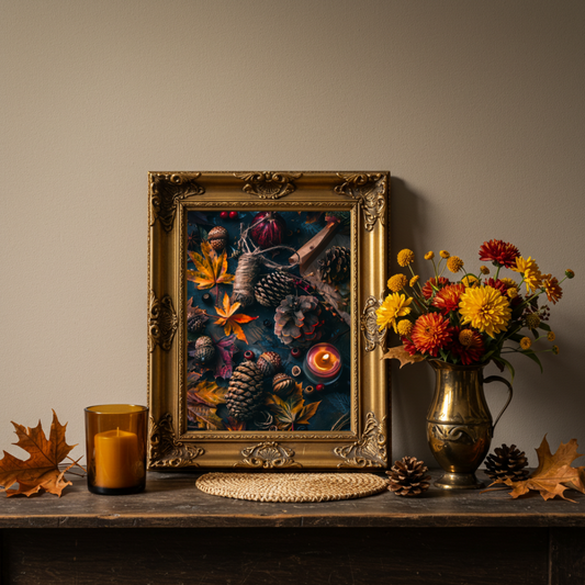 Autumn Ritual Flatlay Art Print – Seasonal Folklore Inspired Wall Decor