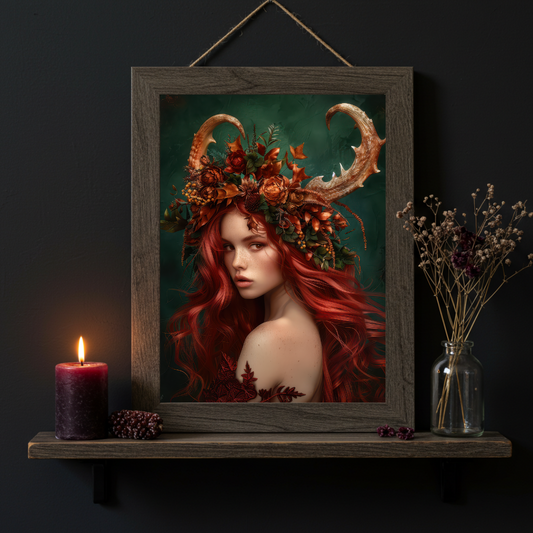 Autumn Faun Goddess Wall Art Print – Folklore Inspired Seasonal Decor