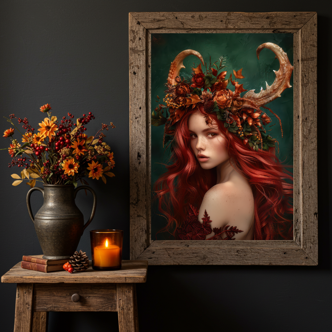 Autumn Faun Goddess Wall Art Print – Folklore Inspired Seasonal Decor