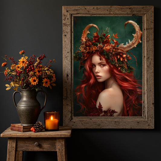 Autumn Faun Goddess Wall Art Print – Folklore Inspired Seasonal Decor