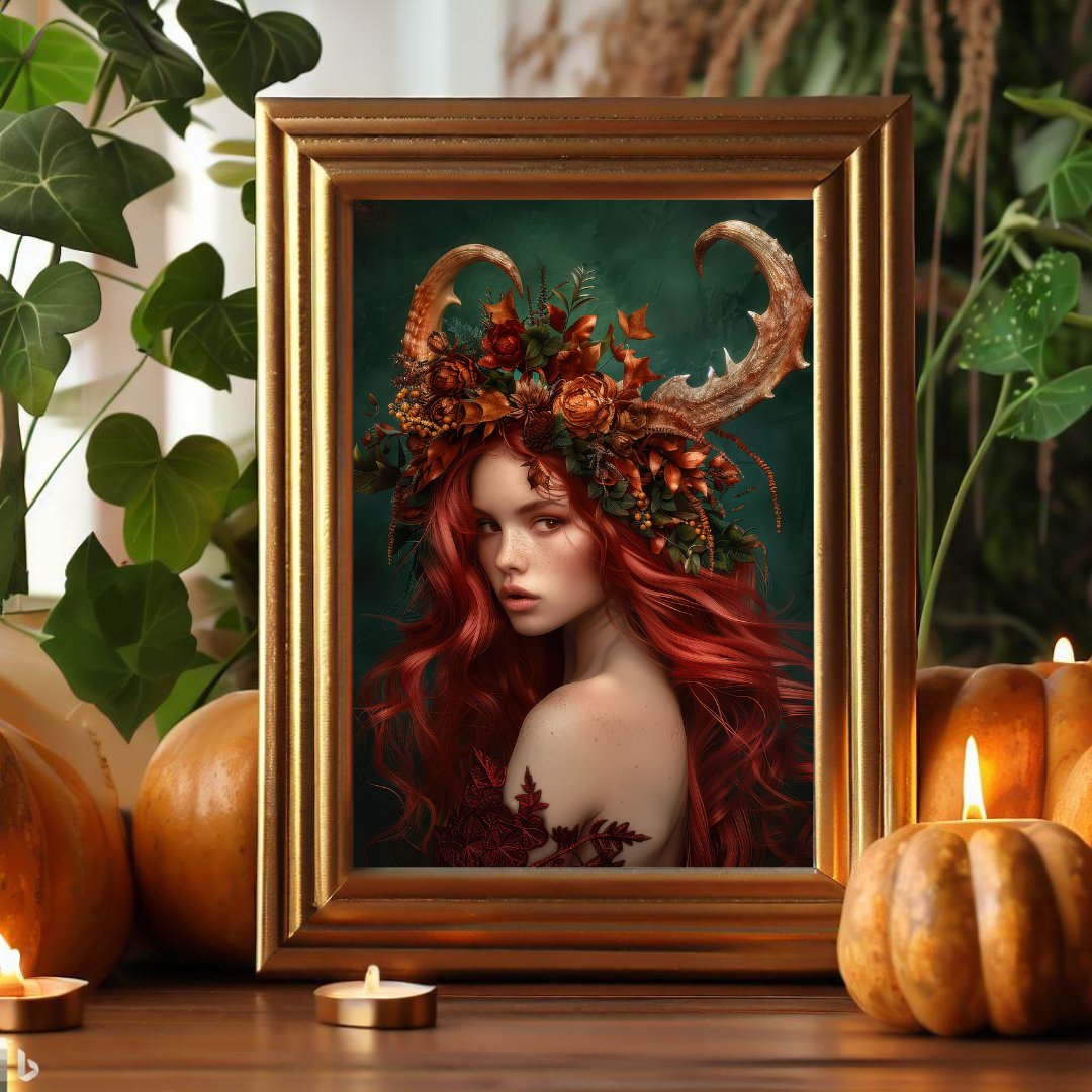 Autumn Faun Goddess Wall Art Print – Folklore Inspired Seasonal Decor
