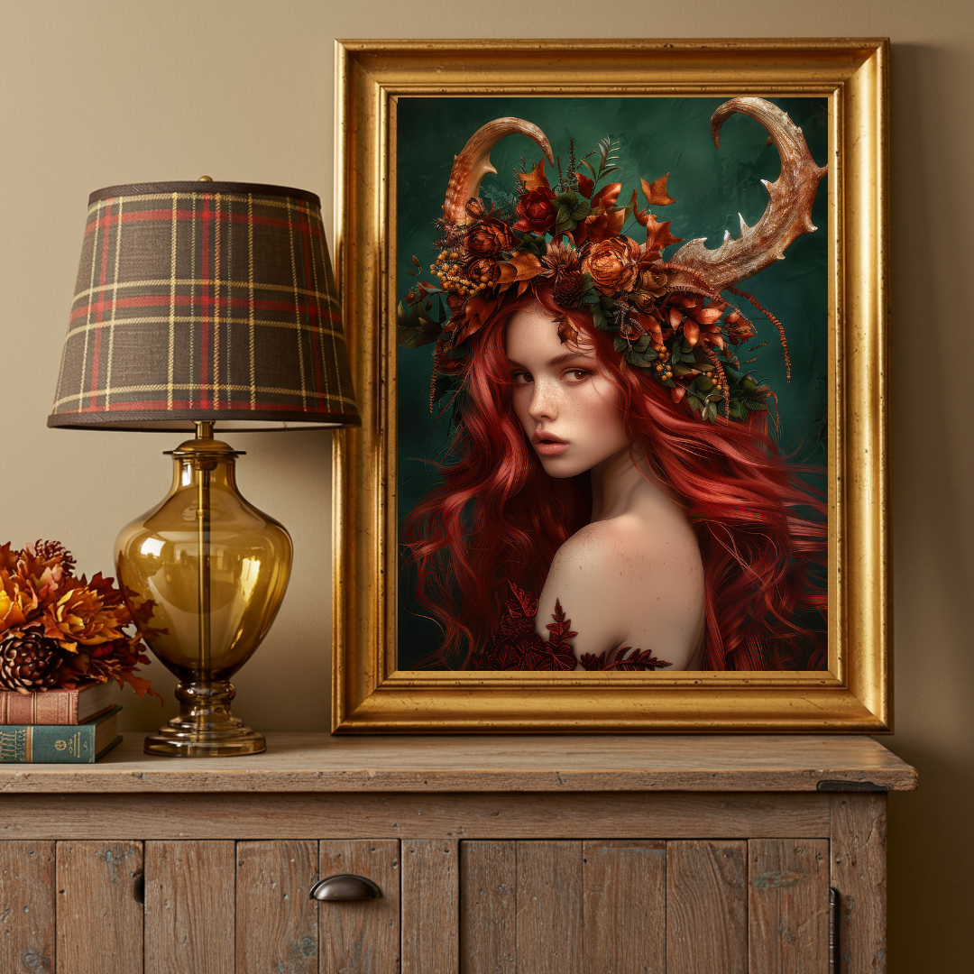 Autumn Faun Goddess Wall Art Print – Folklore Inspired Seasonal Decor