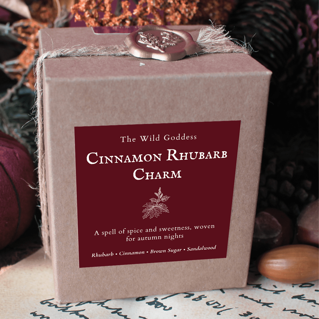 Cinnamon Rhubarb Charm Candle – Spiced Rhubarb & Apple Scented Candle with Folklore Story | Witch’s Cottage Autumn Candle by The Wild Goddess - The Wild Goddess