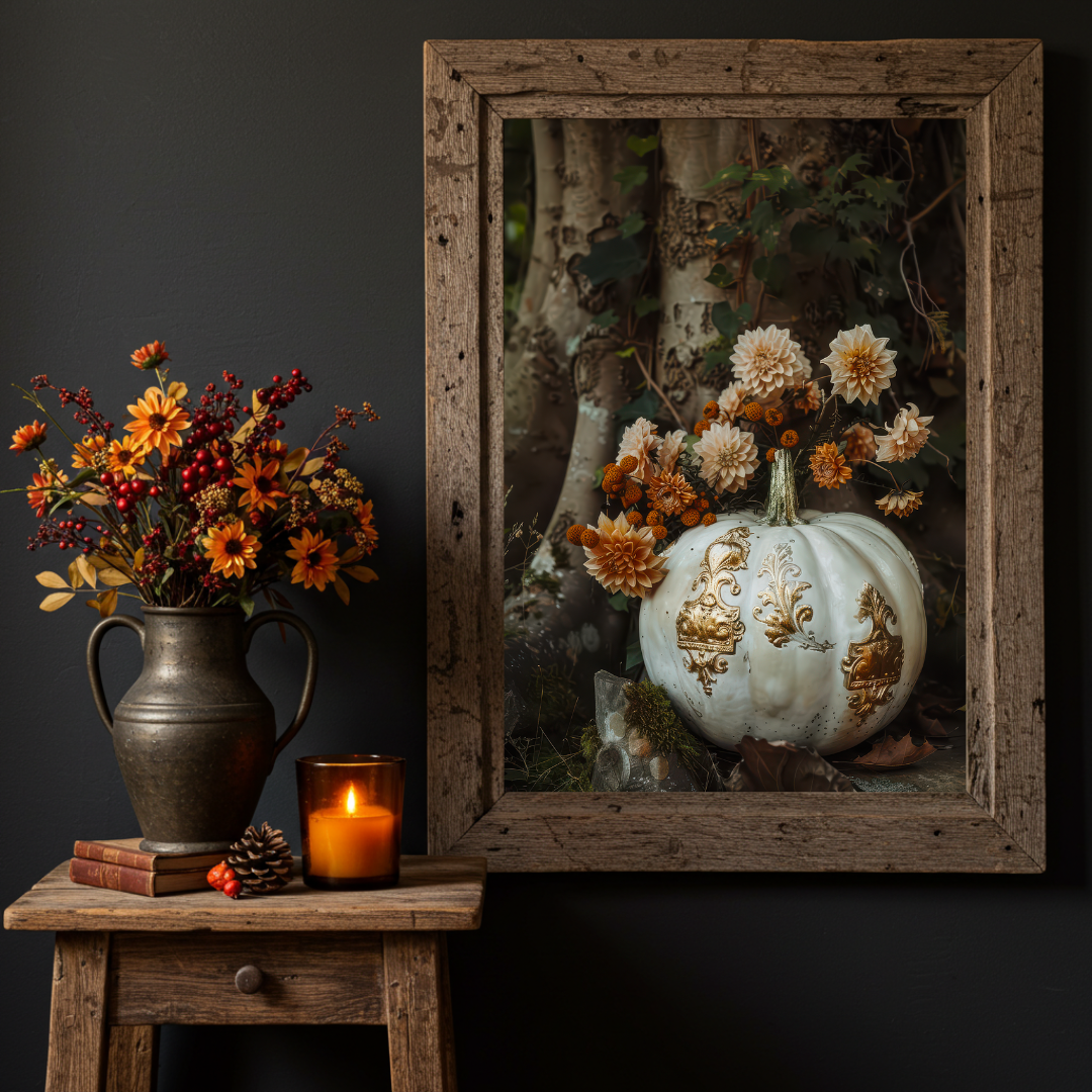Enchanted Cream Pumpkin Art Print – Autumn Folklore Luxe Wall Decor