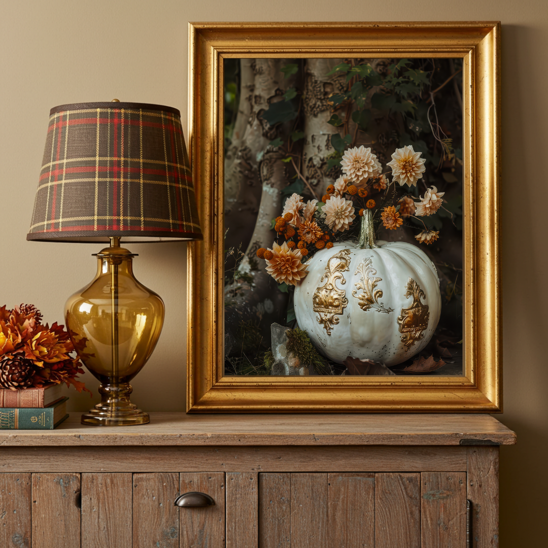 Enchanted Cream Pumpkin Art Print – Autumn Folklore Luxe Wall Decor