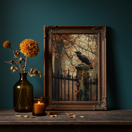 Crow on the Gate Art Print – Autumn Wall Decor in Moody Woodland Tones