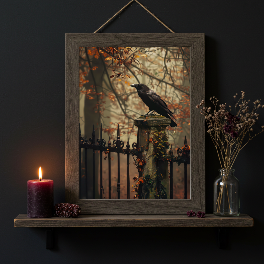 Crow on the Gate Art Print – Autumn Wall Decor in Moody Woodland Tones