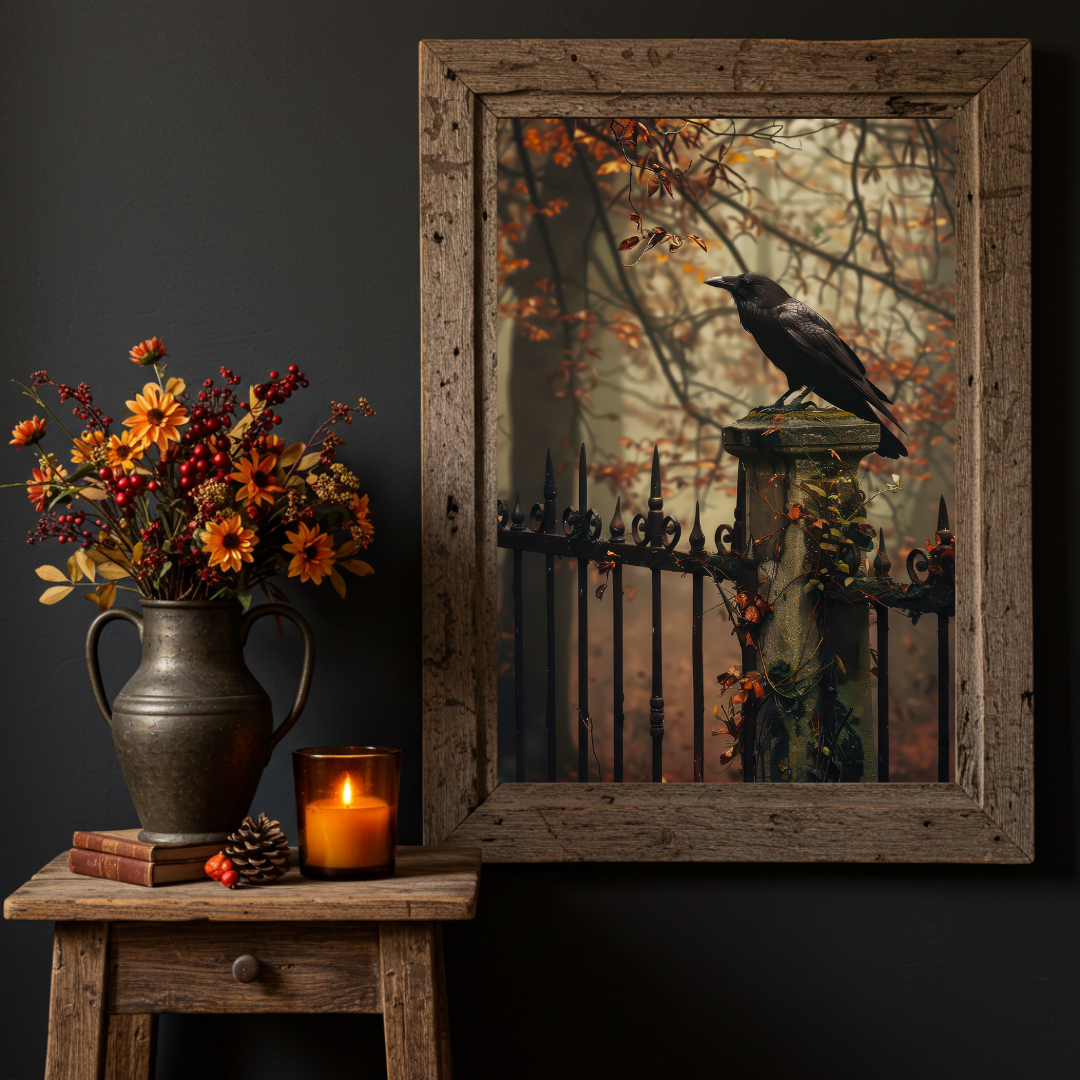 Crow on the Gate Art Print – Autumn Wall Decor in Moody Woodland Tones