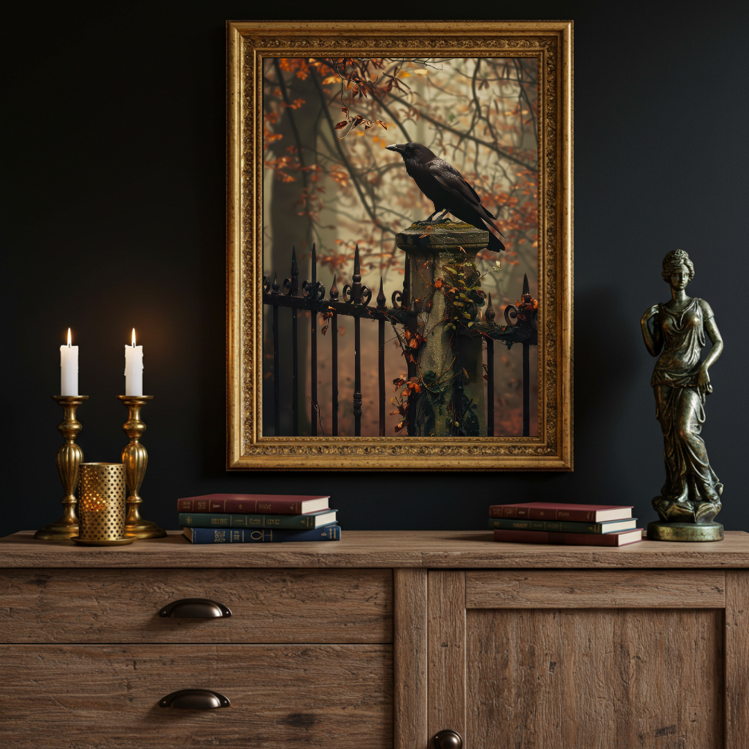 Crow on the Gate Art Print – Autumn Wall Decor in Moody Woodland Tones