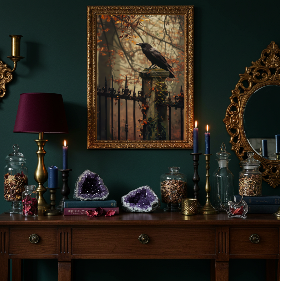 Crow on the Gate Art Print – Autumn Wall Decor in Moody Woodland Tones