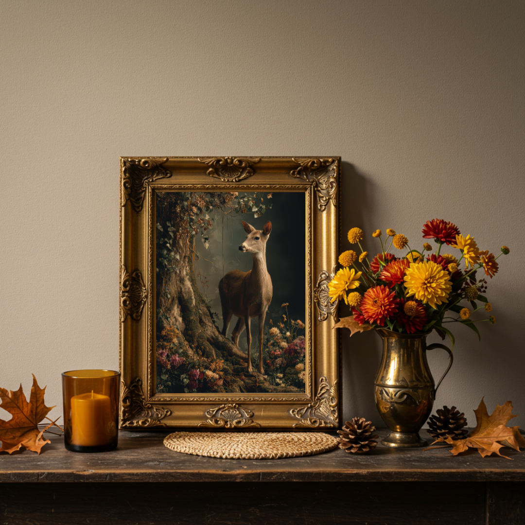 Doe in the Forest Art Print – Enchanted Woodland Wall Decor in Moody Jewel Tones