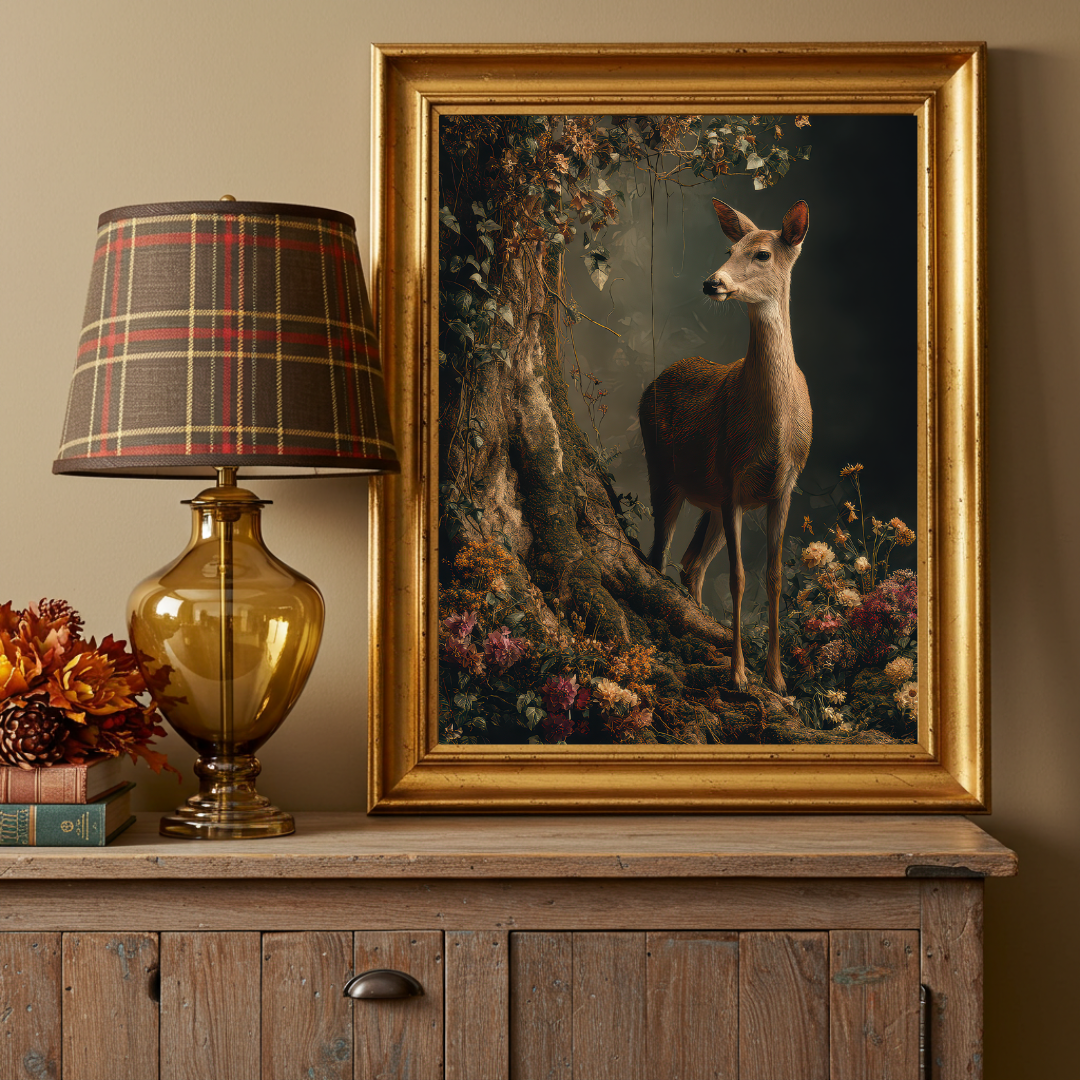 Doe in the Forest Art Print – Enchanted Woodland Wall Decor in Moody Jewel Tones