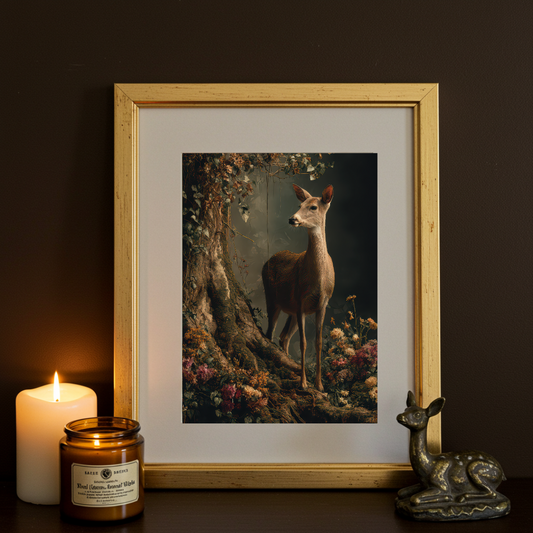 Doe in the Forest Art Print – Enchanted Woodland Wall Decor in Moody Jewel Tones