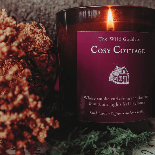 Cosy Cottage Candle – Sandalwood & Amber Scented Candle with Folklore Story | Comforting Autumn Candle by The Wild Goddess - The Wild Goddess