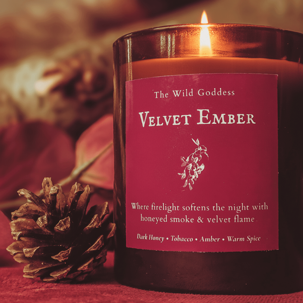 Velvet Ember Candle – Dark Honey & Tobacco Scented Candle with Folklore Story - The Wild Goddess