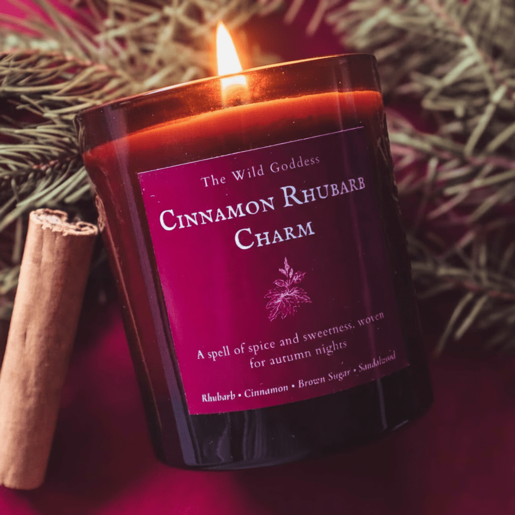 Cinnamon Rhubarb Charm Candle – Spiced Rhubarb & Apple Scented Candle with Folklore Story | Witch’s Cottage Autumn Candle by The Wild Goddess - The Wild Goddess