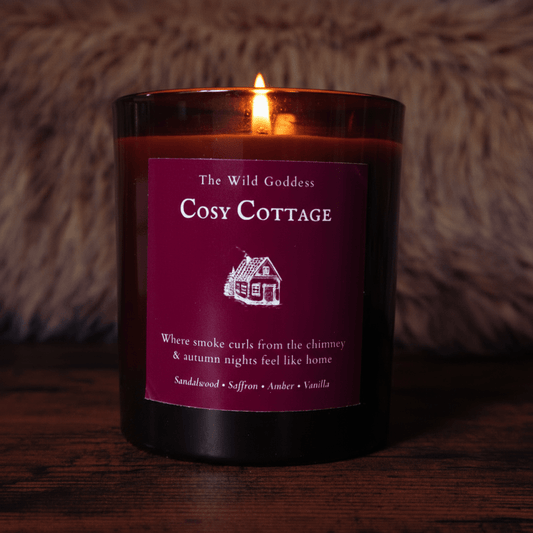 Cosy Cottage Candle – Sandalwood & Amber Scented Candle with Folklore Story | Comforting Autumn Candle by The Wild Goddess - The Wild Goddess