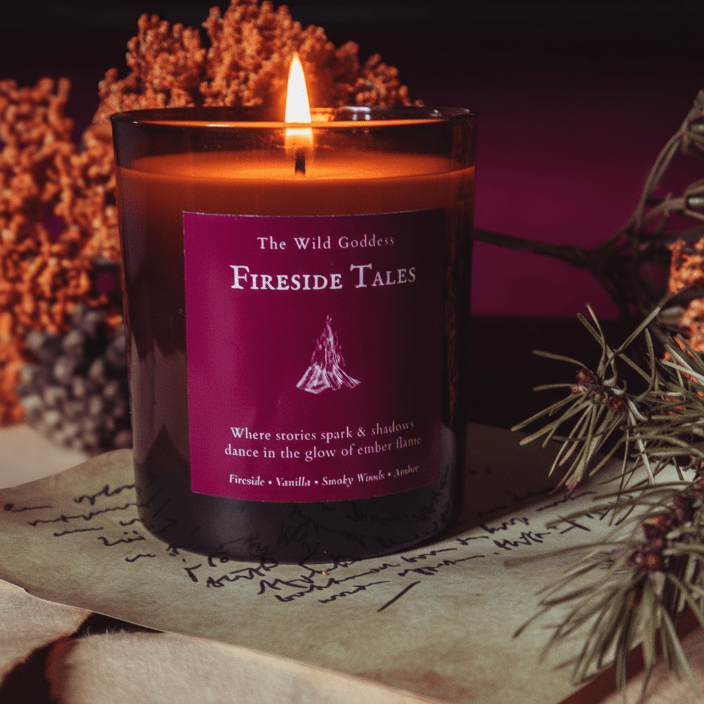 Fireside Tales Candle | Vanilla & Wood Smoke Scented Candle with Folklore Story - The Wild Goddess